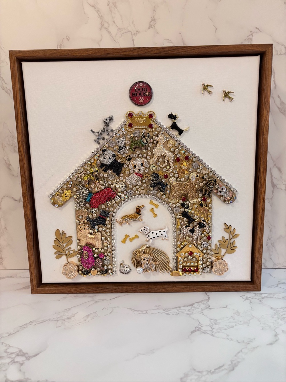 Crown Trifari Bejeweled Doghouse Wall Art - Gold & White Embellished Frame